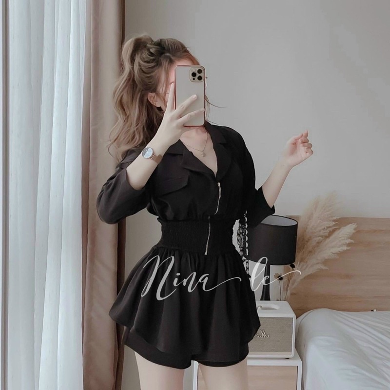 Sét bộ nữ, áo sơ mi dáng dài có khoá kéo bo eo(Dx)