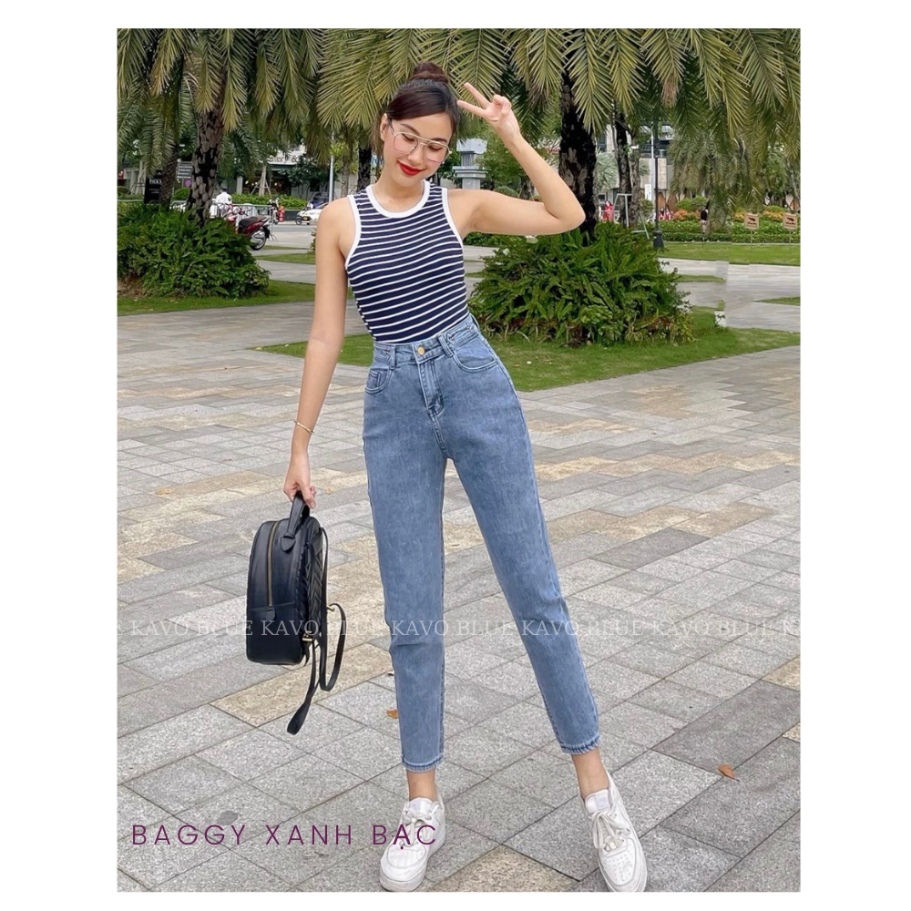 Quần Jeans Nữ Baggy Co Giãn Hàn Quốc KAVO BLUE Lưng Cao