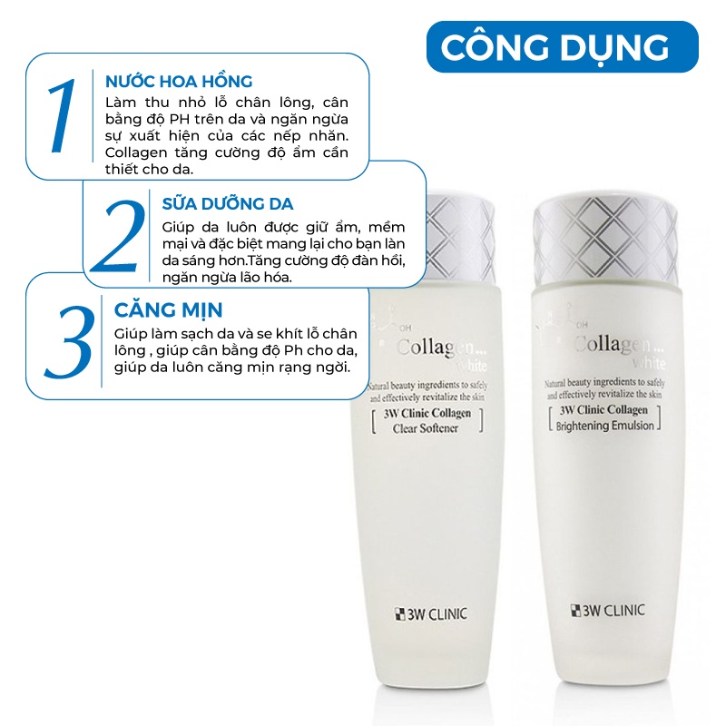 Bộ trắng da - Bộ dưỡng da chiết xuất từ Collagen 3W CLINIC Hàn Quốc [Nước Hoa Hồng + Sữa Dưỡng]
