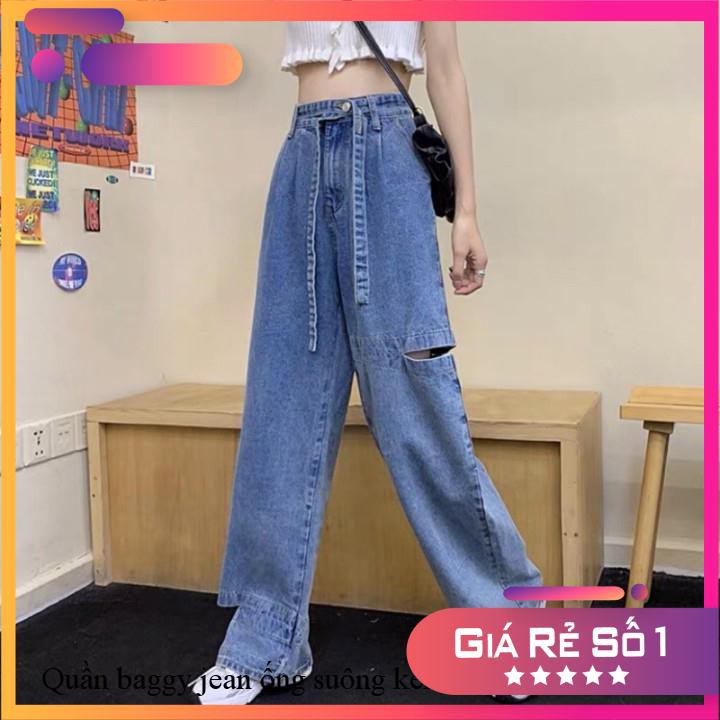 Quần baggy jean ống suông kèm dây nịt rách sườn leedaa