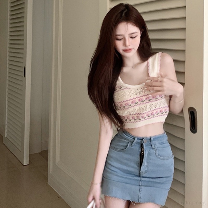 Áo Croptop Dệt Kim Không Tay Ôm Dáng Phong Cách Retro Dành Cho Nữ