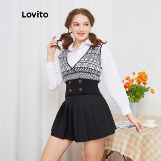 25deÁo sweater Lovito không tay cổ chữ V thiết kế hình học phong cách Preppy L08206 (Màu đen)