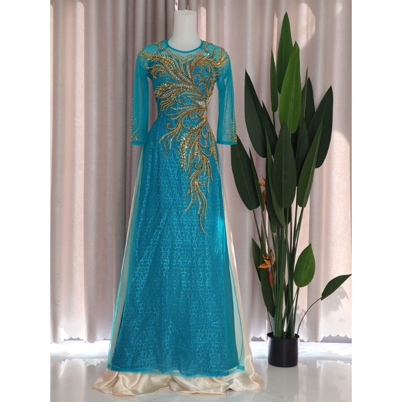 Áo Dài Cho Mẹ Cô Dâu - Áo Dài Sui Màu Xanh Ngọc Kết Kim Sa Sang Trọng ADM012