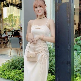 Đầm phi lụa hai dây rút eo