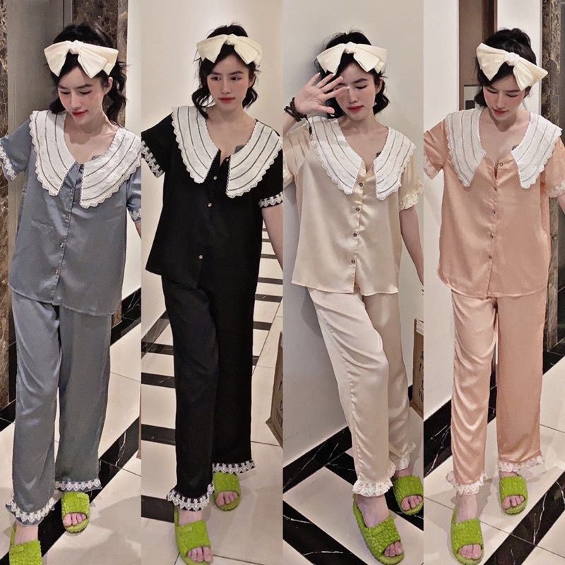 Đồ bộ pijama Tiểu Thư mặc nhà Lụa satin phối ren tay ngắn quần dài dầy dặn cao cấp sang trọng cho bạn nữ