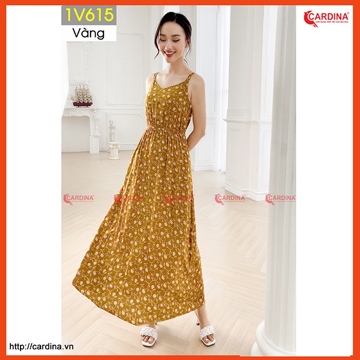 Váy Maxi 𝐂𝐀𝐑𝐃𝐈𝐍𝐀 Hai Dây Chun Eo Chất Liệu Lanh Nhung Mềm Mịn, Thoáng Mát - 1V6