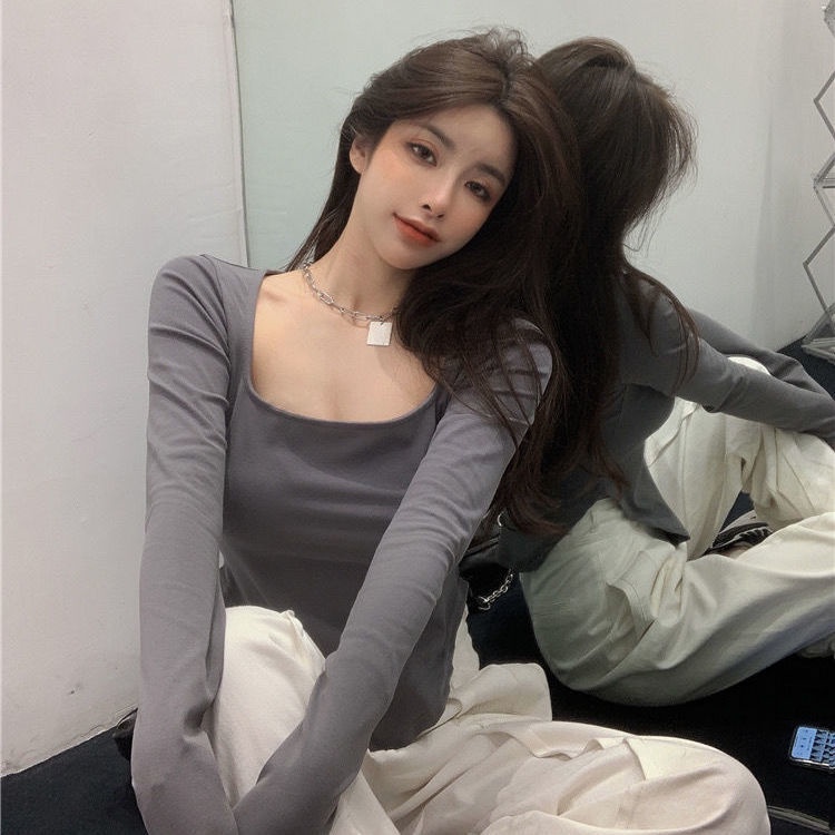 Áo thun tay dài cổ chữ U màu sắc thời trang cho nữ