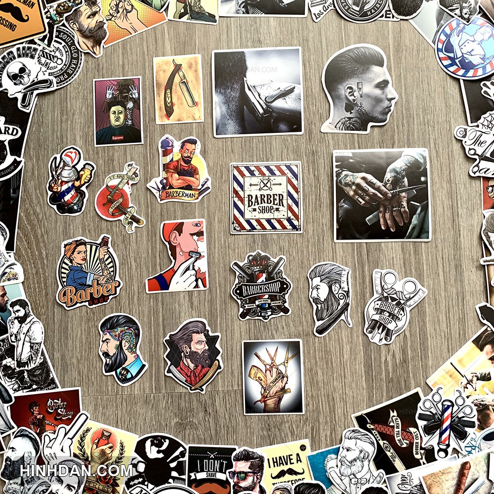 Sticker BARBER trang trí tiệm tóc nam, cửa hàng cắt tóc nam, tem dán chống nước, dán gương