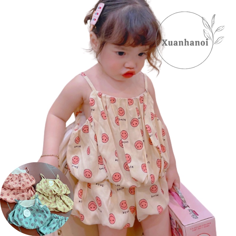 Bộ bé gái 2 dây chát đũi hình mặt cười 3 mầu Hồng, Xanh và Vàng XHN948