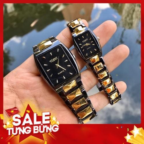 (Giá sỉ) Đồng hồ thời trang nam nữ Yishi mặt chữ nhật phối dây đen vàng tuyệt đẹp - Hàng nhập khẩu