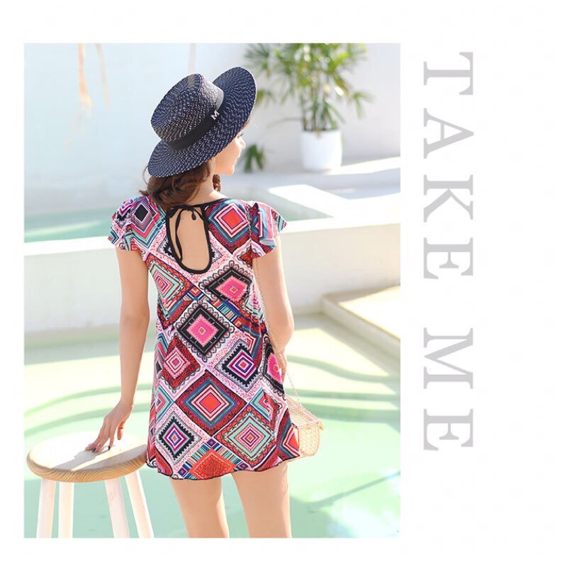 Bikini Bộ Bơi Đồ Bơi Liền Thân Kín Đáo Che Bụng Hoạ Tiết Thổ Cẩm Dạng Váy Xinh Xắn (Kèm Quần Đùi Rời Mặc Trong Váy)