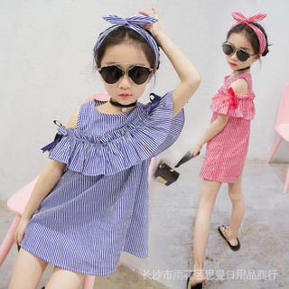 Summer Children's Wear Girls' Summer Dress 2023 New Dress Stripe Off Shoulder Princess Dress Korean Version Princess Dress Dress