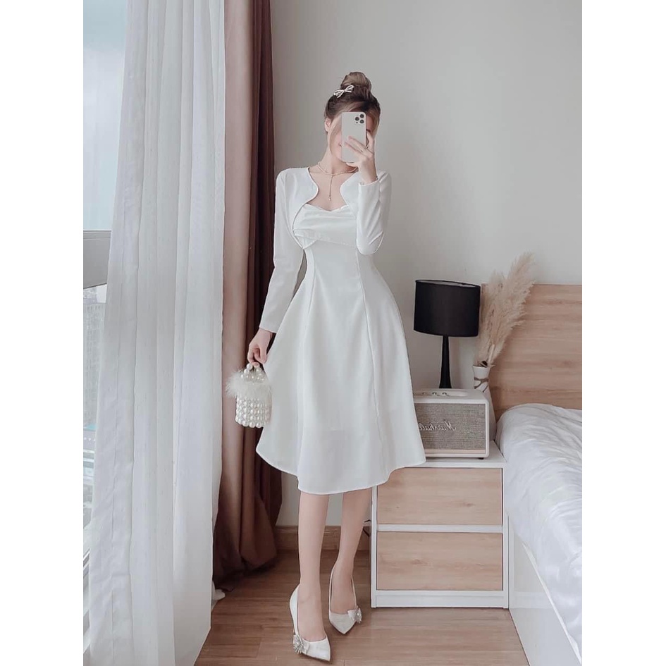 Set đầm nữ 2 dây xòe xinh xắn mix áo khoác tay dài thiết kế lạ mắt dành cho các nàng đi chơi hoặc dự tiệc