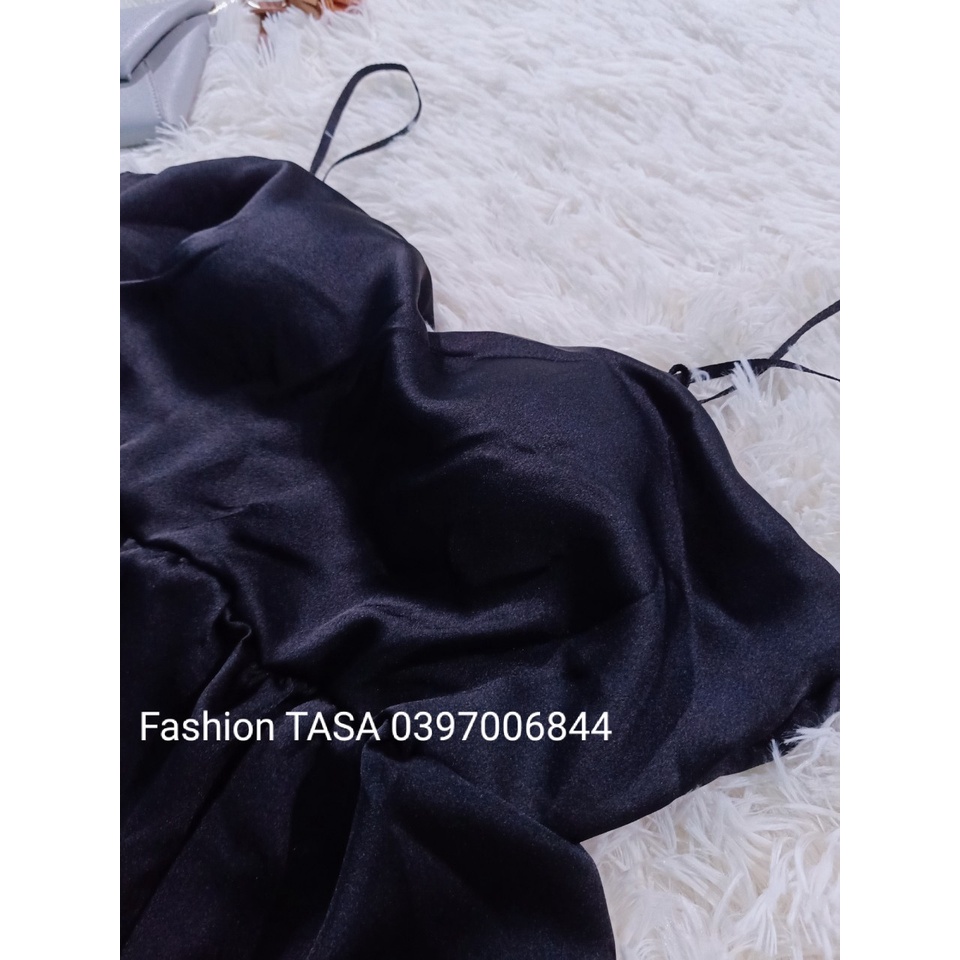 TBO-Video ảnh thật, set đùi áo 2 dây xòe đan dây lưng  kèm quần đùi siêu xinh màu đen lụa satin cao cấp