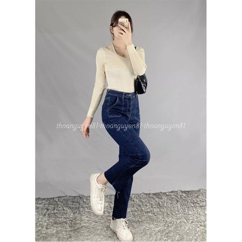 Quần jean bò ống rộng quần jeans suông nữ cạp cao ống đứng co dãn 4 chiều hót 2022