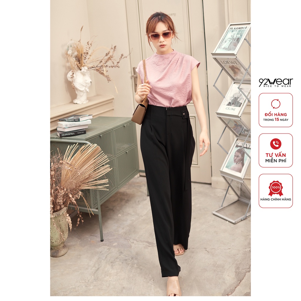 Áo sơ mi nữ vai chờm không tay 92WEAR, chất lụa cổ leo 3 ly vai ASA2220