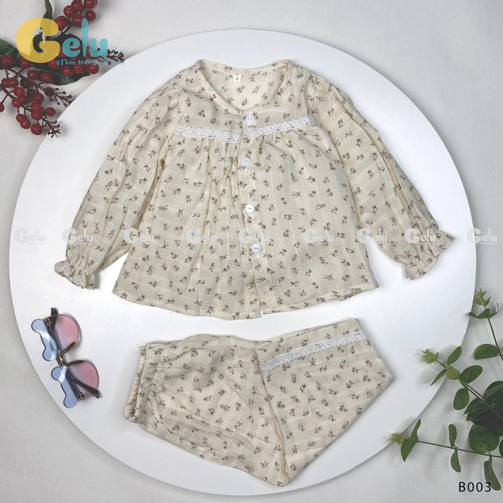 Bộ thu đông cho bé Gelu Kids, đồ ngủ mùa thu hoa nhí chất linen cổ viền ren cho bé gái-GLB003