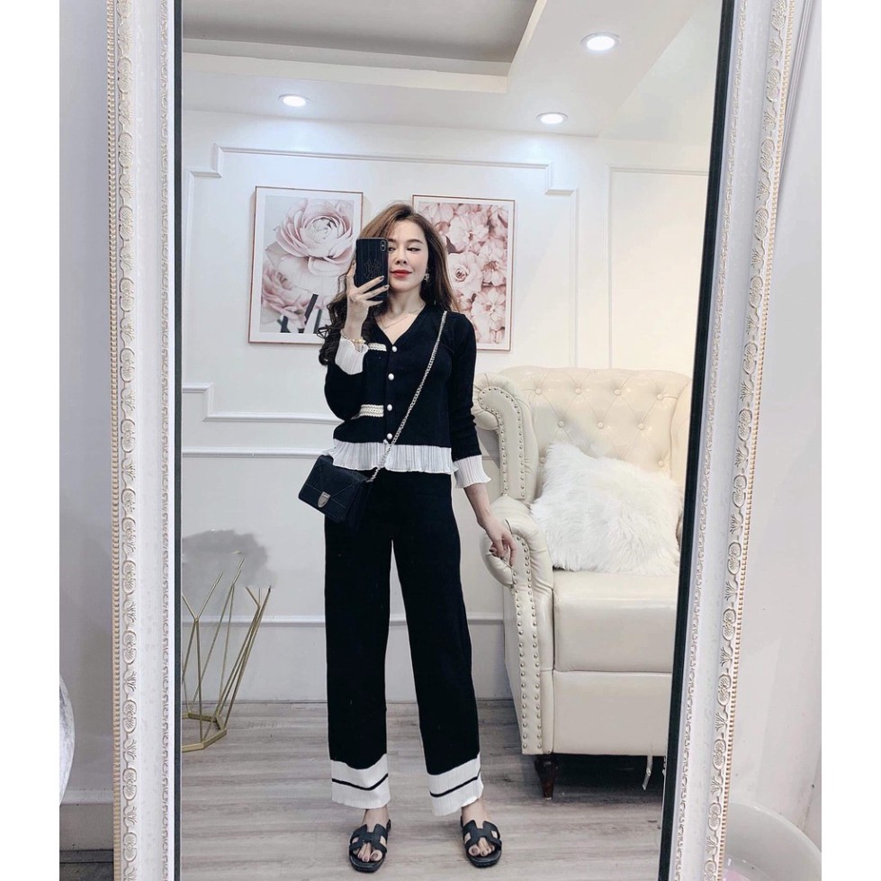 ( HÀNG OD) Sét Bộ Nữ Mặc Nhà Len Phối Voan Gân Đen Viền Trắng Cực Xinh | BigBuy360 - bigbuy360.vn