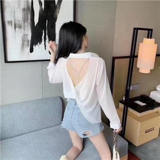 Áo sơ mi hở lưng đan ngọc ( kèm video thật )