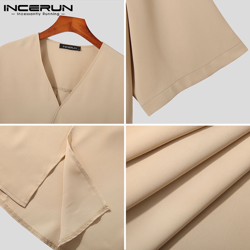 Áo thun INCERUN tay ngắn cổ chữ V màu trơn size S-5XL thời trang cho nam