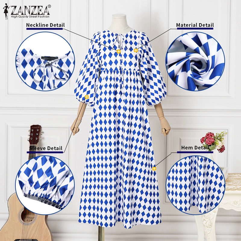 Đầm ZANZEA cổ tròn tay 3/4 họa tiết hình thoi phong cách Châu Âu cho nữ