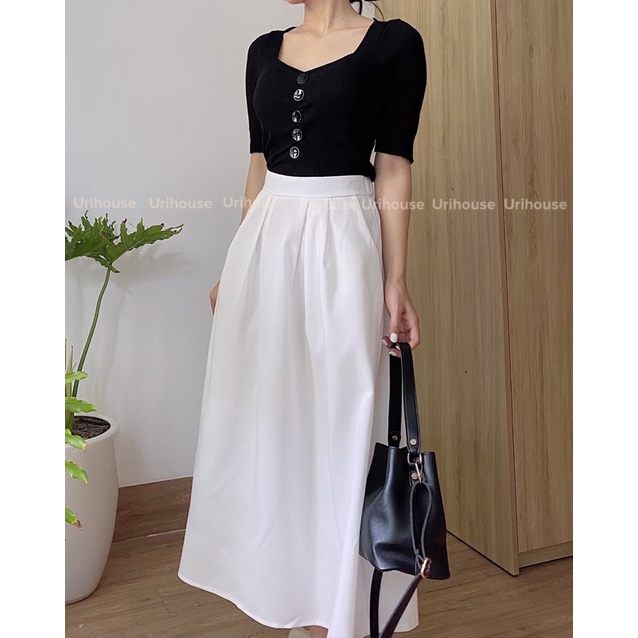 (Sẵn) Urihouse - Chân váy trắng dáng dài xoè xếp li cạp chun phía sau chất kaki mềm