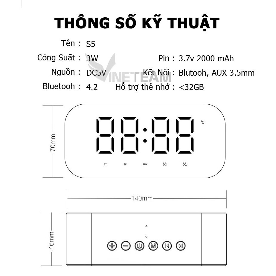 Loa Bluetooth + Đồng Hồ Báo Thức YAYUSI S5 Phiên Bản Nâng Cấp Của Yayusi S2 -DC3441