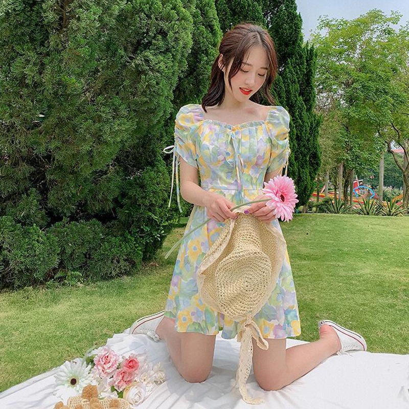 Đầm IELGY ngắn tay cổ vuông in hoa dễ thương ngọt ngào cho nữ