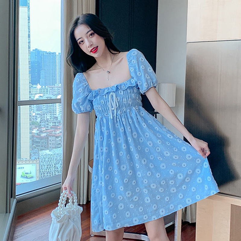 IELGY Đầm Tay Ngắn Cổ Vuông Họa Tiết Hoa Cúc Phong Cách Pháp Ngọt Ngào Cho Nữ