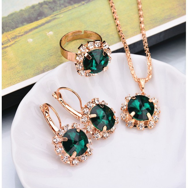 Bộ Trang Sức Gồm Dây Chuyền/Đôi Bông Tai Và Nhẫn Mặt Đá Pha Lê Mạ Vàng Thời Trang