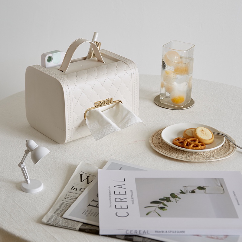 Hộp đựng khăn giấy dạng rút hình túi xánh có quai và khe đựng vật dụng cá nhân tiện lợi