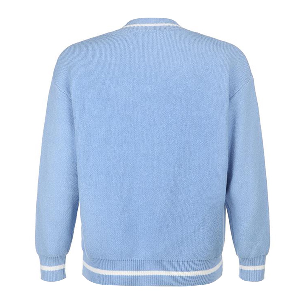 Áo Sweater Dệt Kim Tay Dài Cổ Chữ V Dáng Rộng In Họa Tiết Hoạt Hình Màu Xanh Dương Cho Nữ