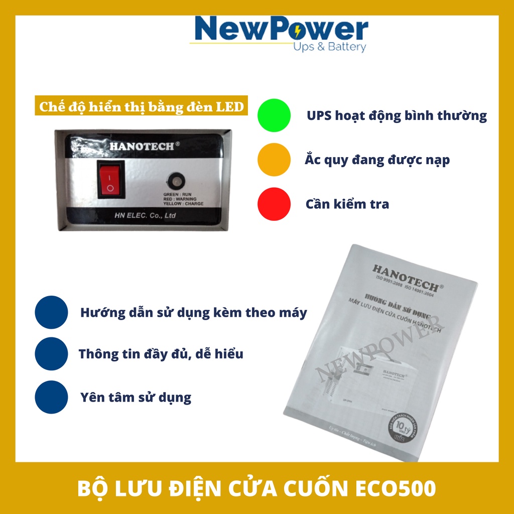 Bộ lưu điện cửa cuốn Hanotech ECO500, Dùng cho motor cửa cuốn 300kg-500kg, mới 100%, Bảo hành 12 tháng