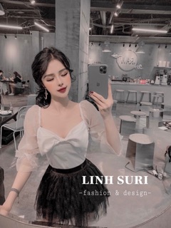 Áo lụa phối nơ + chân váy lưới tầng