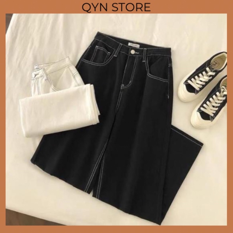 Quần Jeans Ống Rộng Nữ Trơn Đen Chỉ Nổi Cạp Cao