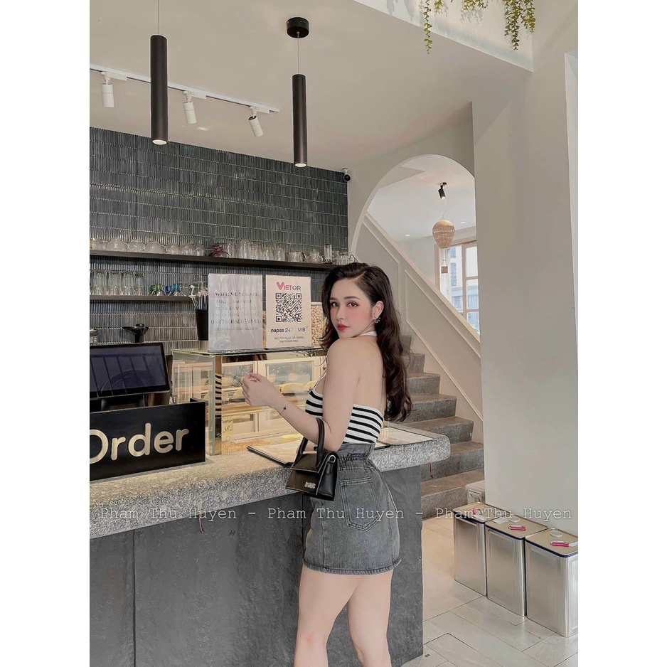 Áo yếm đính nút kiểu sọc ngang croptop cực xinh , chất thun gân dày dặn ly