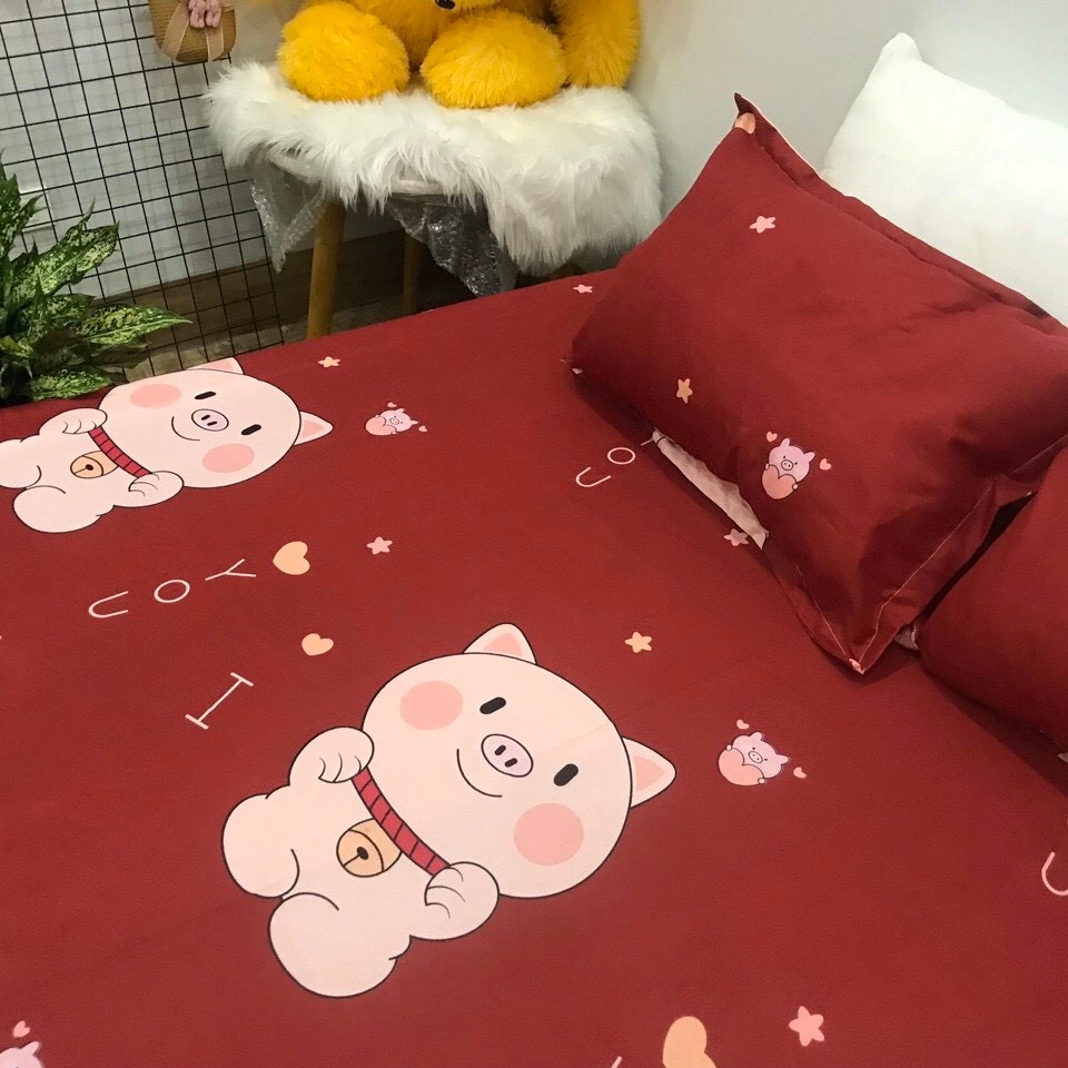 Bộ Ga gối Cotton Poly 3 Món Mẫu Lợn Đỏ