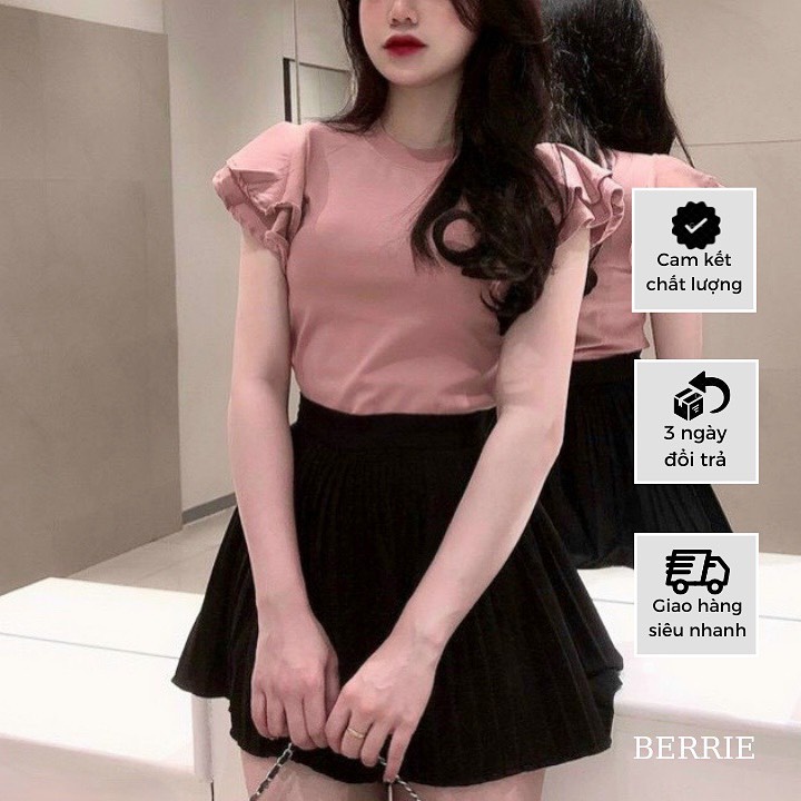 Áo Thun Nữ BERRIE Kiểu Cổ Vuông Phối Tay Cánh Tiên Ôm Body Mã NK17, Áo Kiểu Nữ Phối Tay Cánh Tiên Tiểu Thư