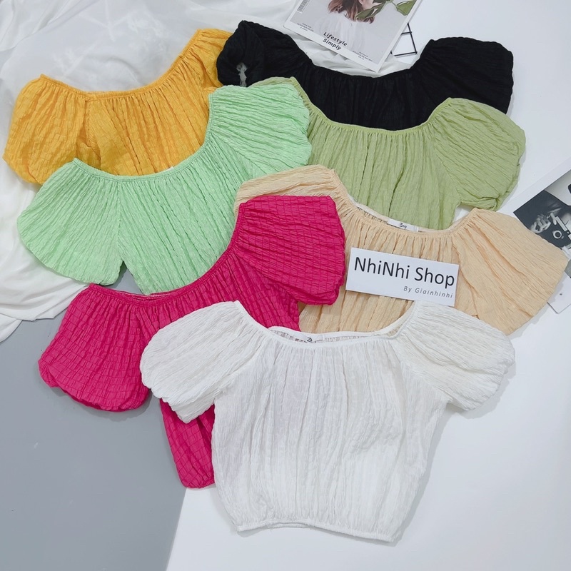 Xả hàng - Áo xốp bo chun trễ vai dáng croptop, Áo kiểu thiết kế form ngắn AK6039 - NhiNhi Shop