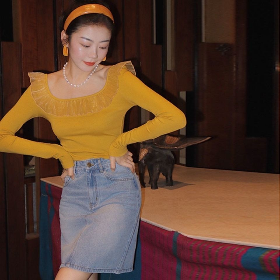Áo Thun Lửng Tay Dài Cổ Vuông Phong Cách Retro Dành Cho Nữ  tao bao