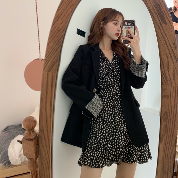 Set Áo Blazer Đen Phối Tay Kẻ Dory&Pony + Đầm Voan Tôn Dáng LADIES SUIT TREND - AK106 - D171 | BigBuy360 - bigbuy360.vn