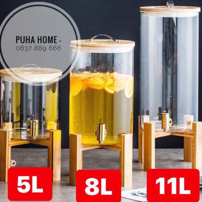 Bình thủy tinh[VIDEO SHOP TỰ QUAY] ♥️𝑪𝑨𝑶 𝑪𝑨̂́𝑷♥️ Bình thủy tinh BOROSILICATE kèm kệ gỗ có vòi vặn tiện lợi