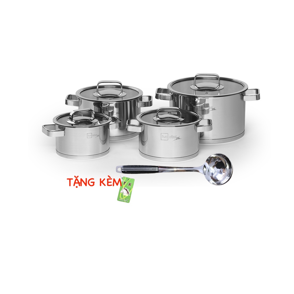 Bộ nồi inox đáy từ cao cấp FiveStar Plus FS08CG-304 nắp kính 4 chiếc,inox 304 , tặng 1 vá canh