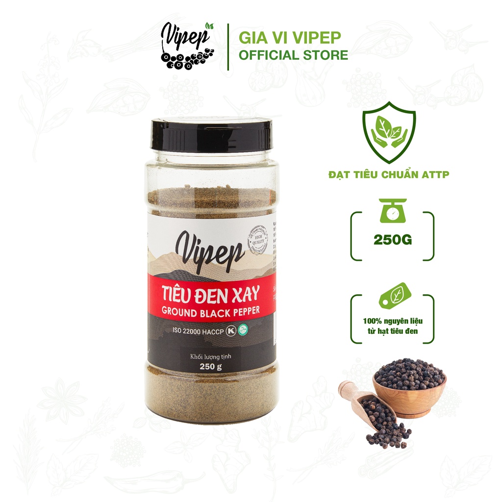 Tiêu đen xay nhuyễn Vipep 250g từ 100% hạt tiêu nguyên chất, gia vị chuyên dùng ướp thực phẩm, nêm món xào, kho, canh