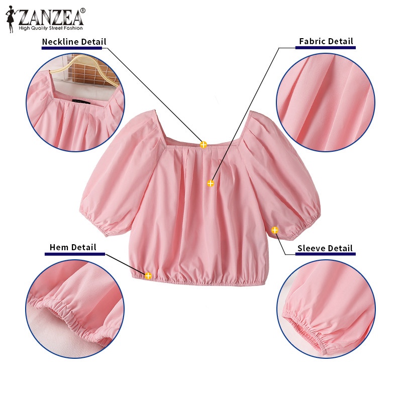Áo kiểu ZANZEA tay phồng cổ vuông màu trơn phong cách Hàn Quốc thời trang cho nữ