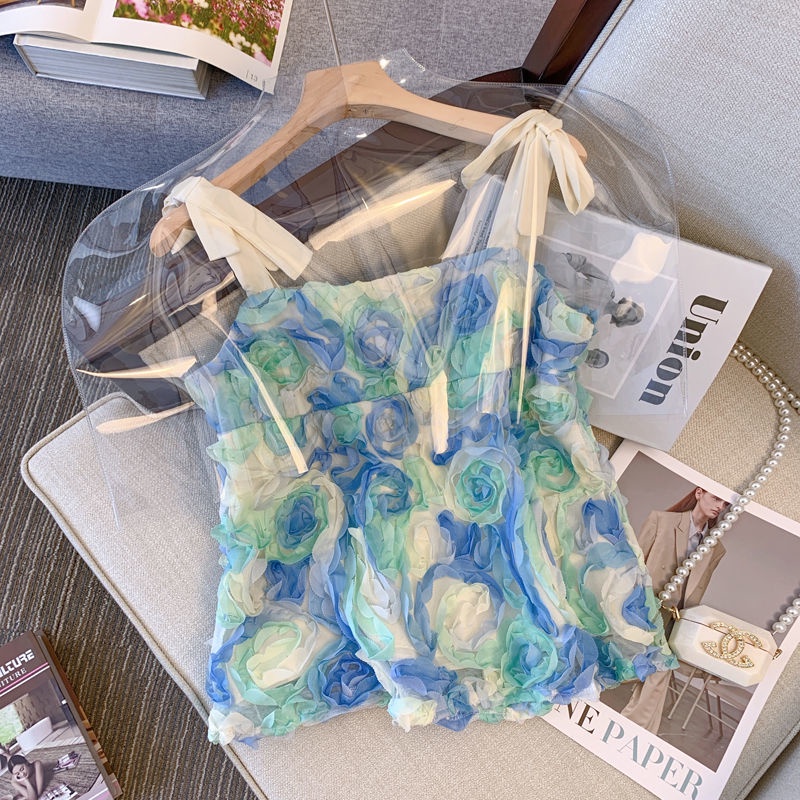 Áo Hai Dây Họa Tiết Hoa Hồng Ba Chiều Xinh Xắn Cho Nữ