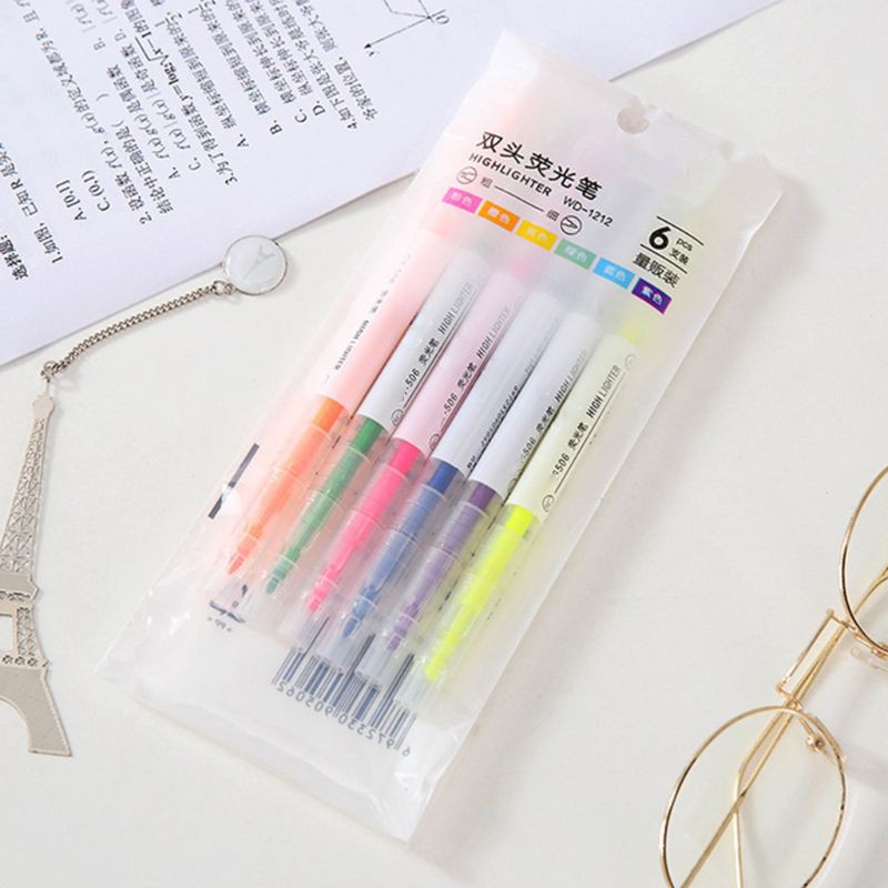 Bộ 6 Bút Dạ Quang Hai Đầu 6 Màu Nét Mực Đều Thích Hợp Cho Trường Học Và Công Sở