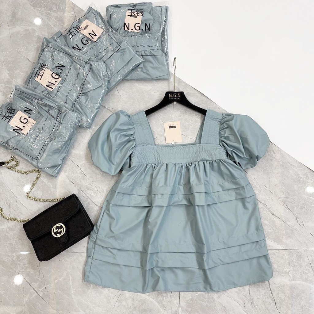 &lt;FREE SHIP HCM&gt; Áo babydoll cổ vuông, tay bo phồng trẻ trung, chất qccc chuẩn hàng bán shop $^$#