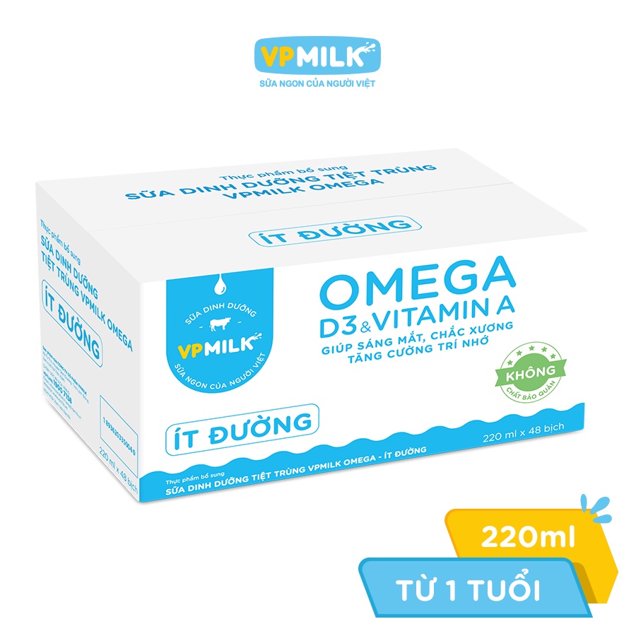 [Thùng 48 bịch 220ml] Sữa Dinh Dưỡng Tiệt Trùng VPMilk Omega Ít Đường Cho Bé Từ 1 Tuổi