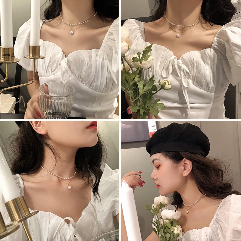 Vòng cổ hai lớp đính ngọc trai nhân tạo phong cách thanh lịch